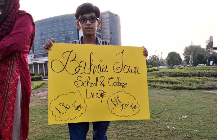 A Bahria School student in the protest