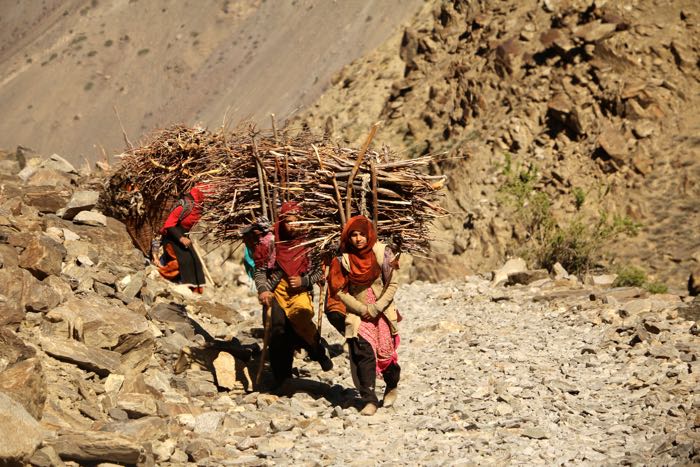 Shigarthang women carrying pile of woods
